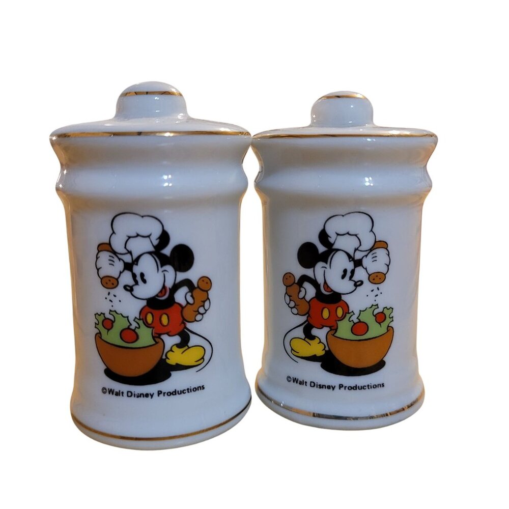 Vintage Disney Chef Mickey Mini Salt and Pepper Shakers Porcelain Glass 2.5"